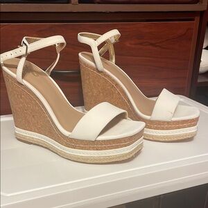 Mix No. 6 Cream and Brown Wedge Sandals with Cork Heel